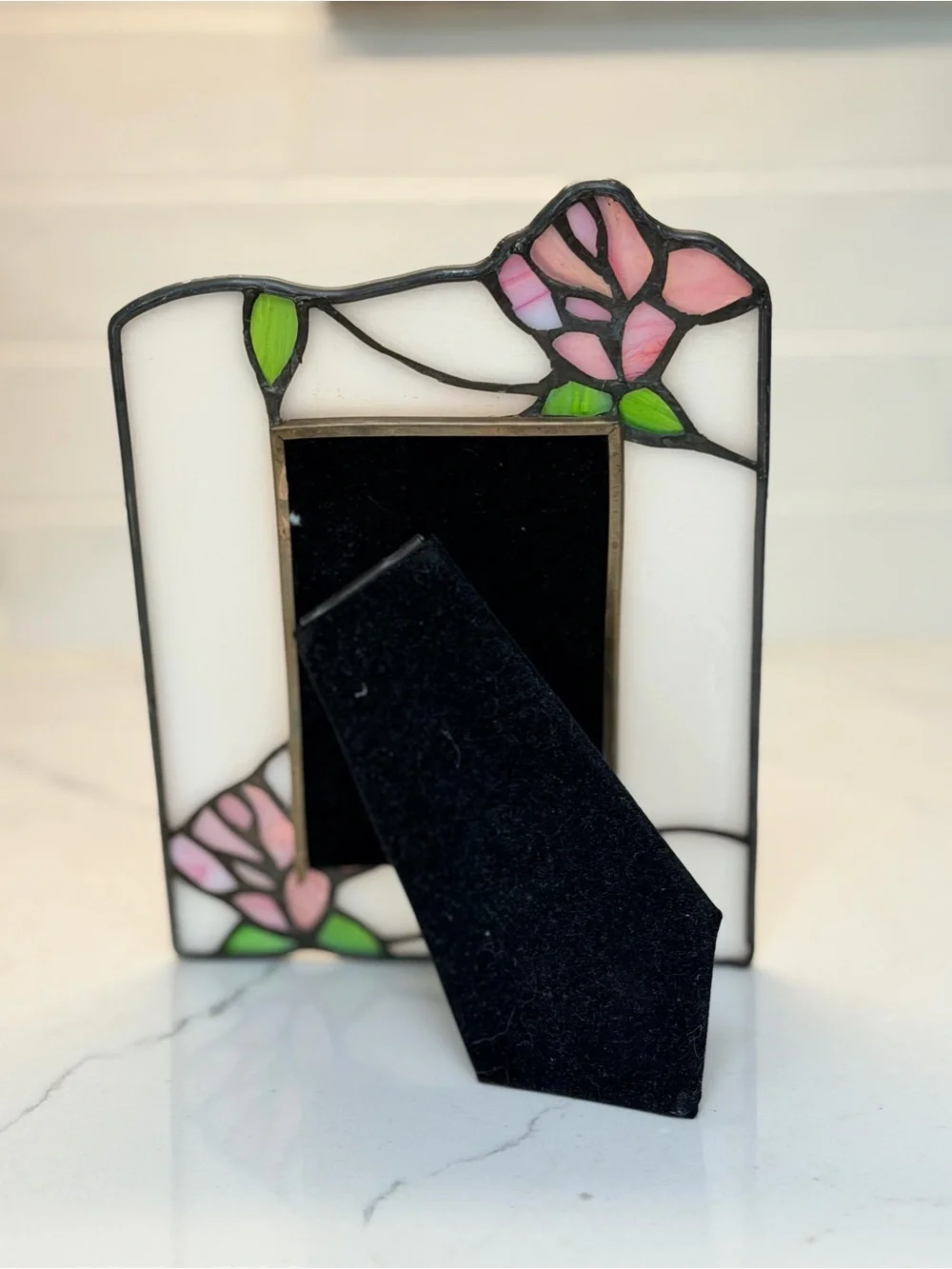 Vintage Pink and White Stained Glass Floral Picture Frame